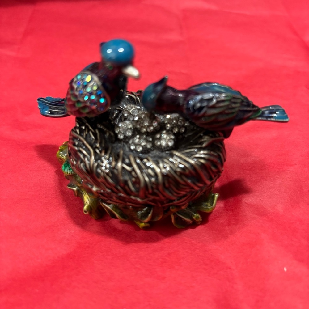 Blue and Silver Bird trinket box with Ornate Design
